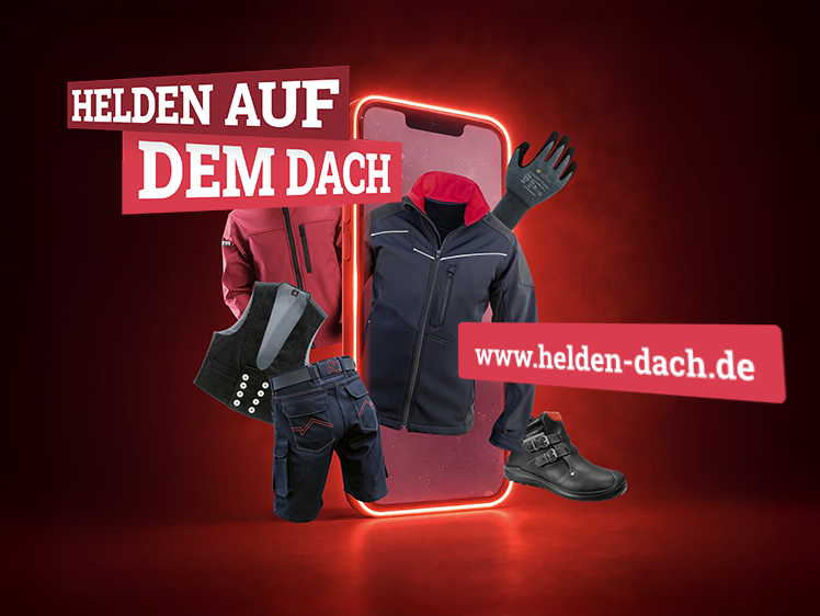 Werbebanner für den Dachdecker Online Shop Helden des Dachs mit Arbeitskleidung, Schutzweste, Handschuhen, Shorts und Sicherheitsschuhen, www helden dach de