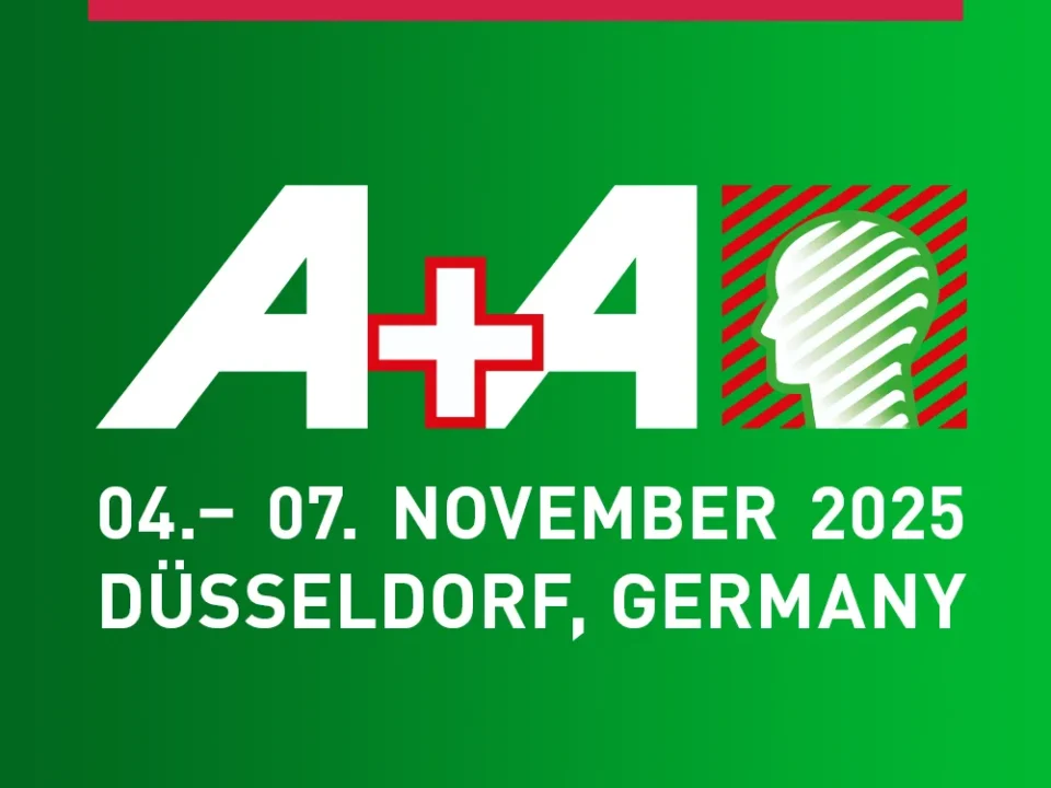 Banner wirbt für die A+A in Düsseldorf