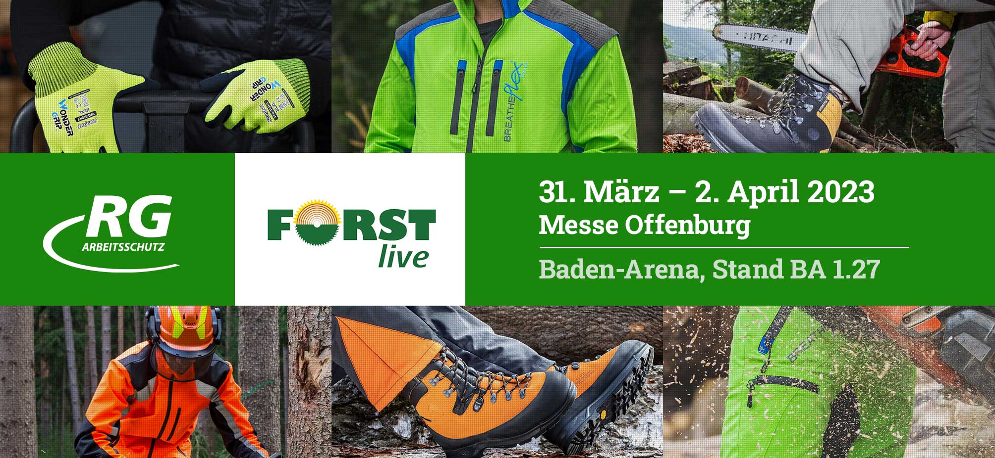 Bilder mit Forstprodukten und Messehinweis Forst Live
