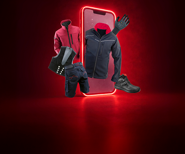 Werbebanner für den Dachdecker Online Shop Helden des Dachs mit Arbeitskleidung, Schutzweste, Handschuhen, Shorts und Sicherheitsschuhen, www helden dach de