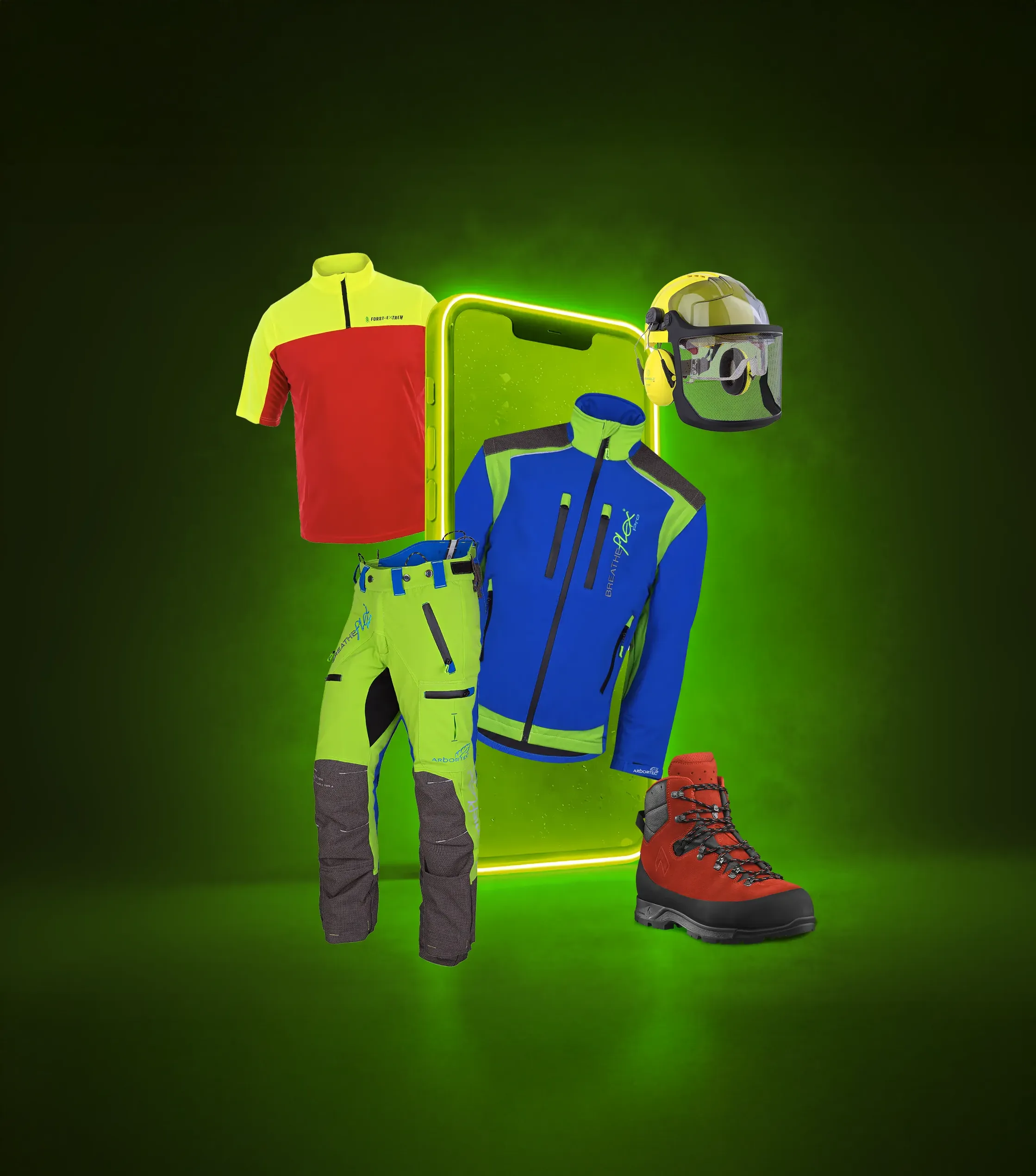 Forstschutz Ausrüstung im Helden im Wald Forstshop mit Schnittschutzjacke und Hose Helm Handschuhe und Forststiefel