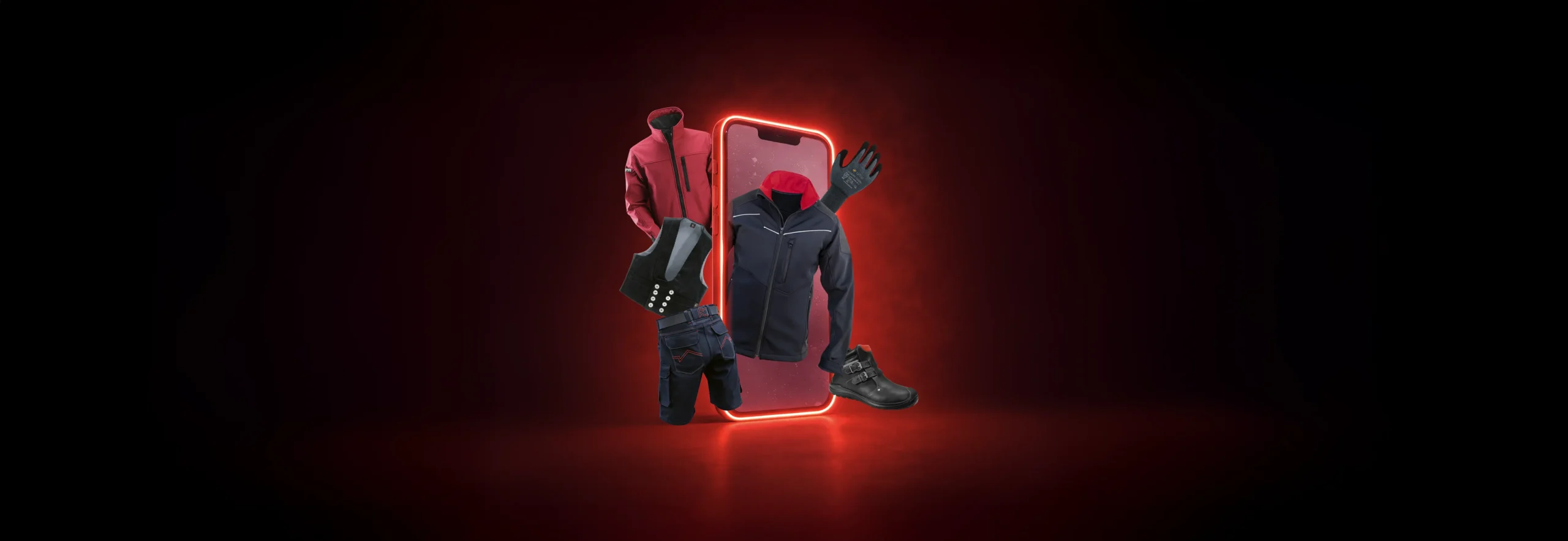 Werbebanner für den Dachdecker Online Shop Helden des Dachs mit Arbeitskleidung, Schutzweste, Handschuhen, Shorts und Sicherheitsschuhen, www helden dach de