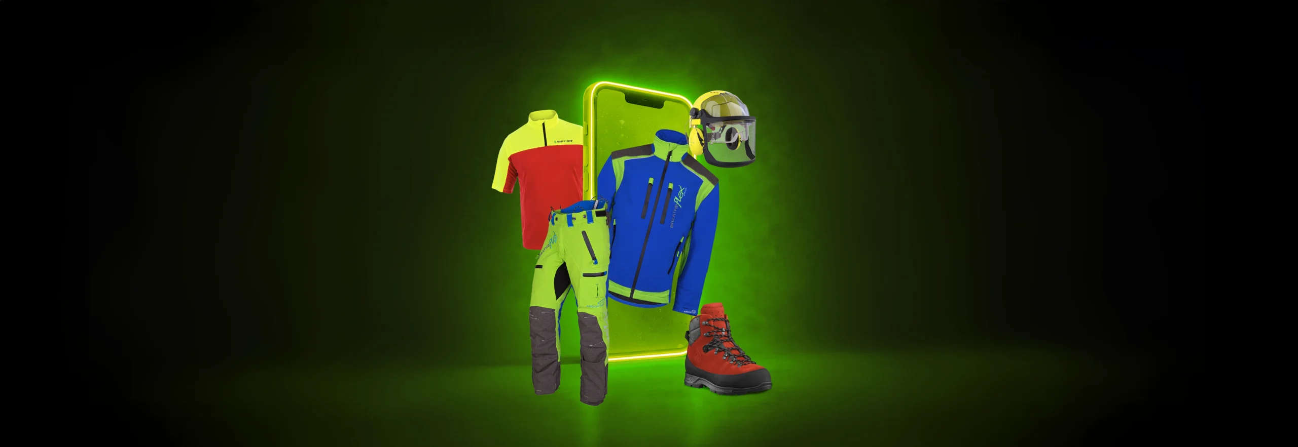 Forstschutz Ausrüstung im Helden im Wald Forstshop mit Schnittschutzjacke und Hose Helm Handschuhe und Forststiefel