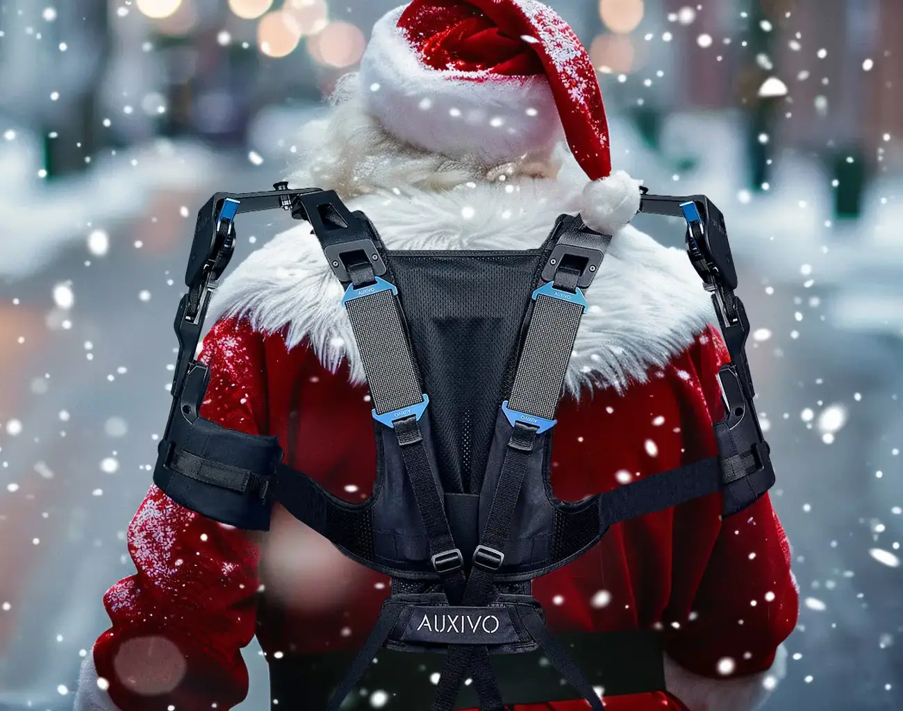 Weihnnachtsmann mit Exoskelett von Hinten in einer städtischen winterlichen Landschaft.