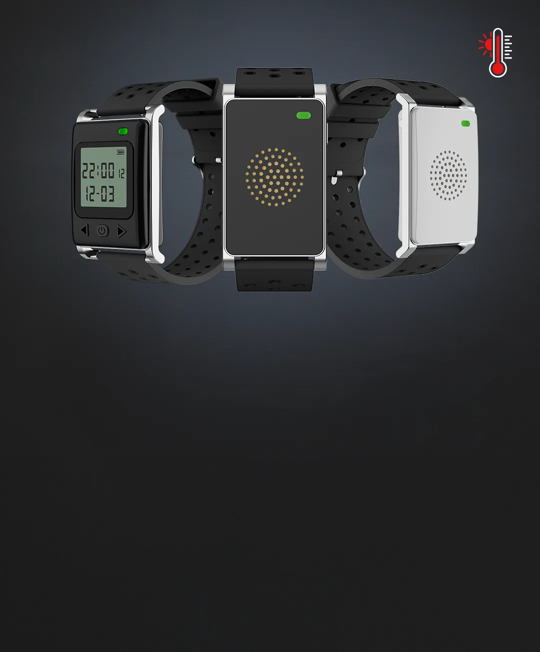 Produktbild des ThermoGuard Wearables mit Fokus auf Prävention bei extremer Hitze. Zeigt Design und Display des Armbands.