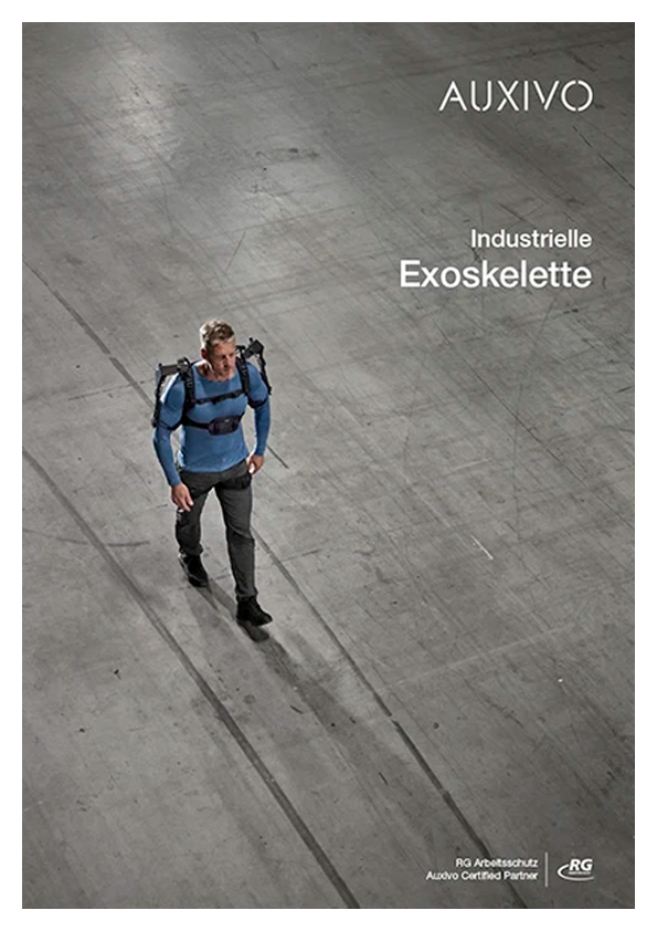Broschüre: Ein Mann trägt ein Exoskelett von Auxivo in einer großen Industriehalle. Rechts oben steht der Schriftzug ‚AUXIVO – Industrielle Exoskelette‘. Unten rechts befinden sich die Logos von RG Arbeitsschutz und dem Hinweis ‚Auxivo Certified Partner‘.