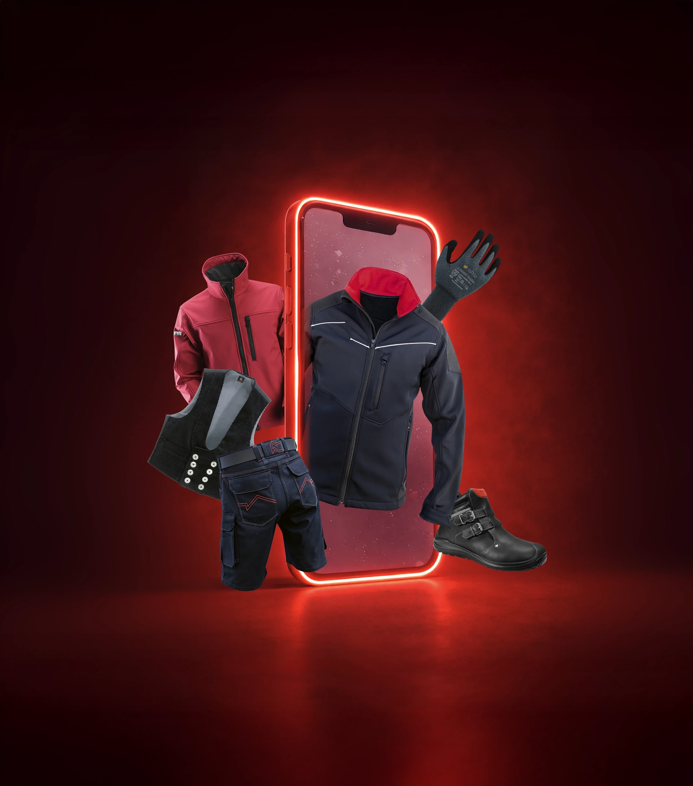 Werbebanner für den Dachdecker Online Shop Helden des Dachs mit Arbeitskleidung, Schutzweste, Handschuhen, Shorts und Sicherheitsschuhen, www helden dach de
