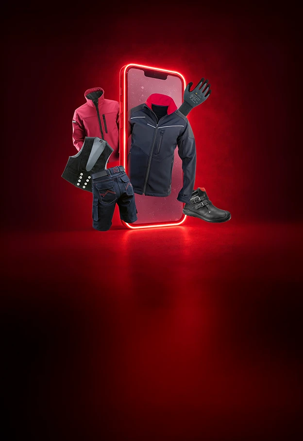 Werbebanner für den Dachdecker Online Shop Helden des Dachs mit Arbeitskleidung, Schutzweste, Handschuhen, Shorts und Sicherheitsschuhen, www helden dach de